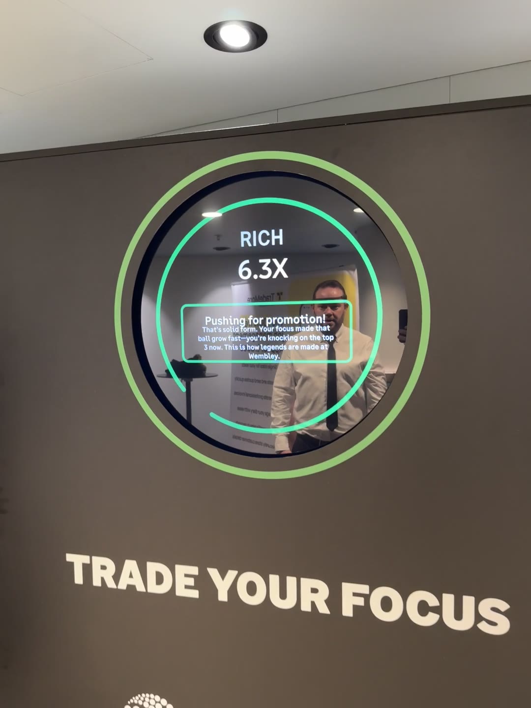 The result screen at the end of a play, showing the players name and focus multiplier.