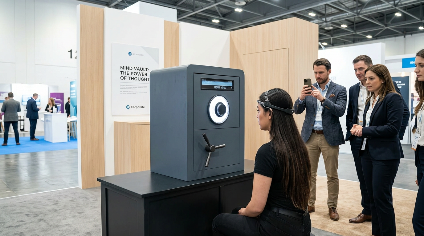 MindVault on a conference stand, a participant in an EEG headband concentrating while spectators watch