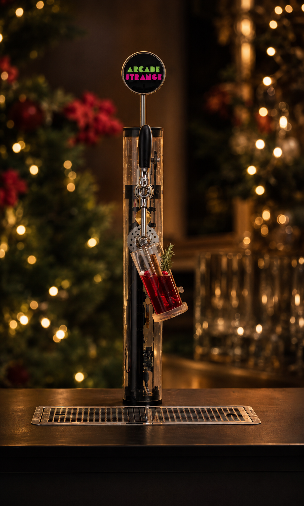 Homer, the mind-controlled drinks tap, pouring a red festive serve beside a lit Christmas tree